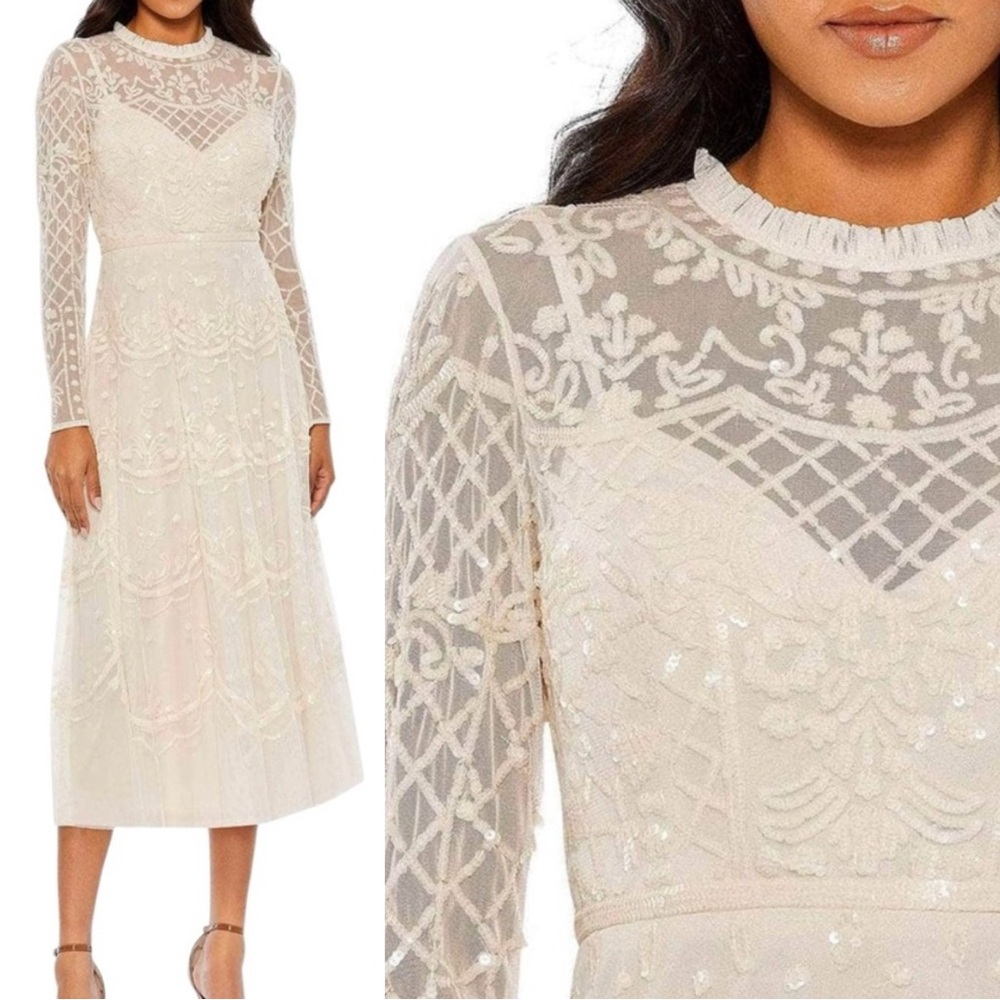 Mac Duggal Nude Sequined Illusion High Neck Long Sleeve Midi Dress Size 16